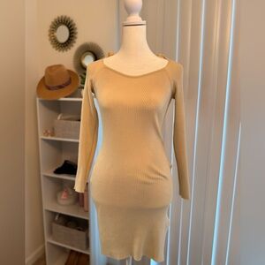 Tan Long Sleeve Scoop Neck Sheath Maxi Dress